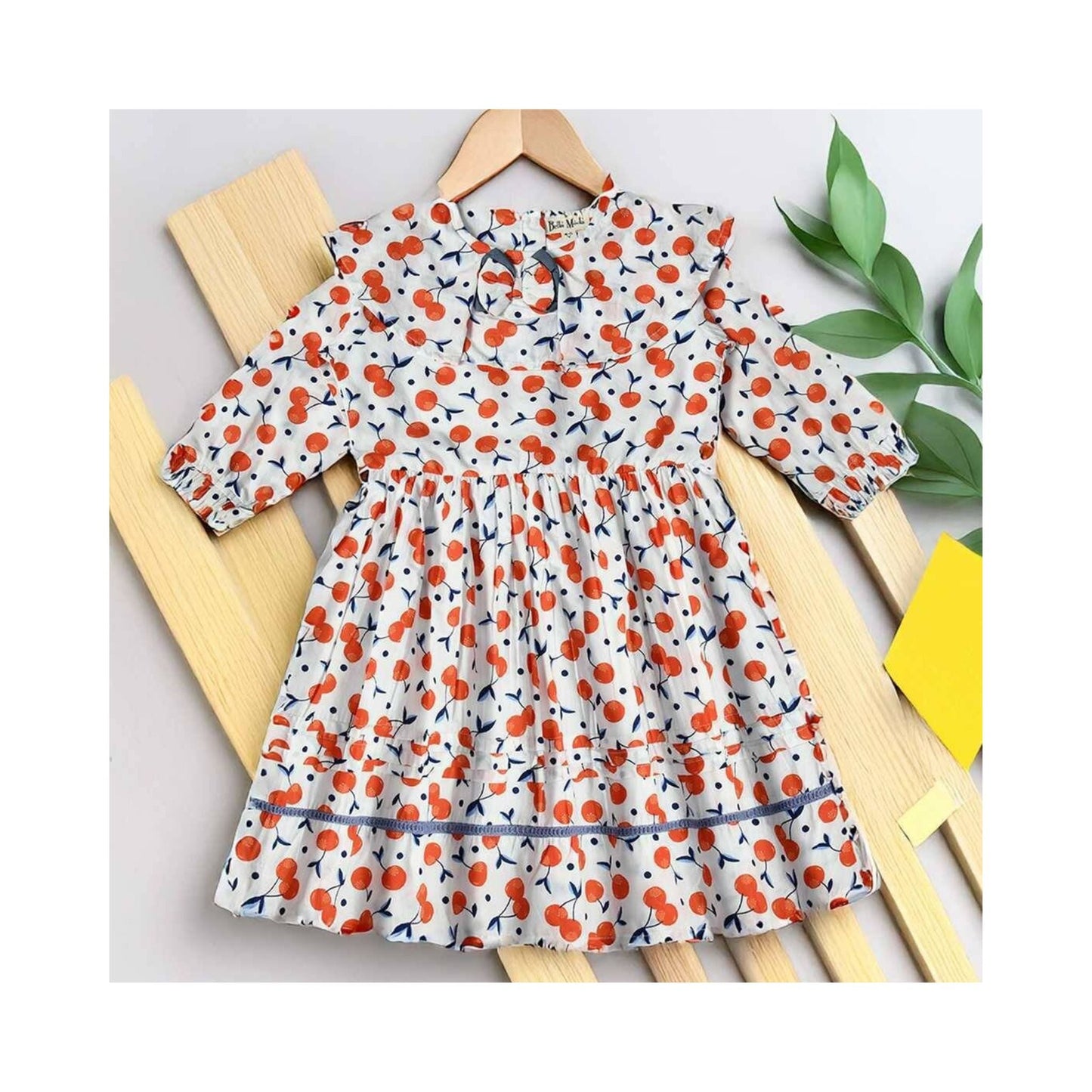 Bella Moda Girls Cotton One-Piece Frock – Soft Full Sleeve, Peter Pan Collar with Back Buttons – All-Over Cherry Prints for Smart Outdoor, Party & Festival Wear