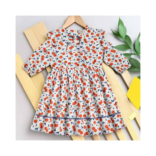 Bella Moda Girls Cotton One-Piece Frock – Soft Full Sleeve, Peter Pan Collar with Back Buttons – All-Over Cherry Prints for Smart Outdoor, Party & Festival Wear