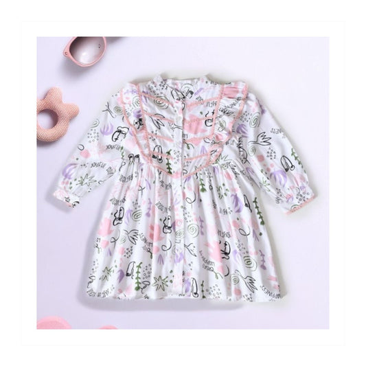 Bella Moda Girls’ White Cotton Printed Full Sleeve Flared Frock with Mandarin Collar