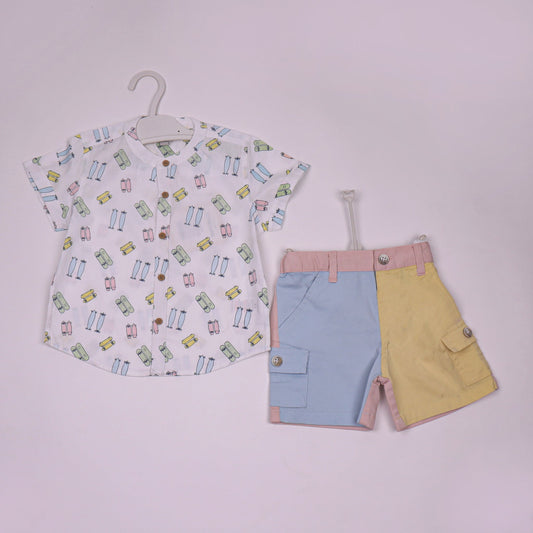Toffyhouse Boys White Printed Half Sleeve Shirt & Knee Length Shorts Set – 4 Pockets