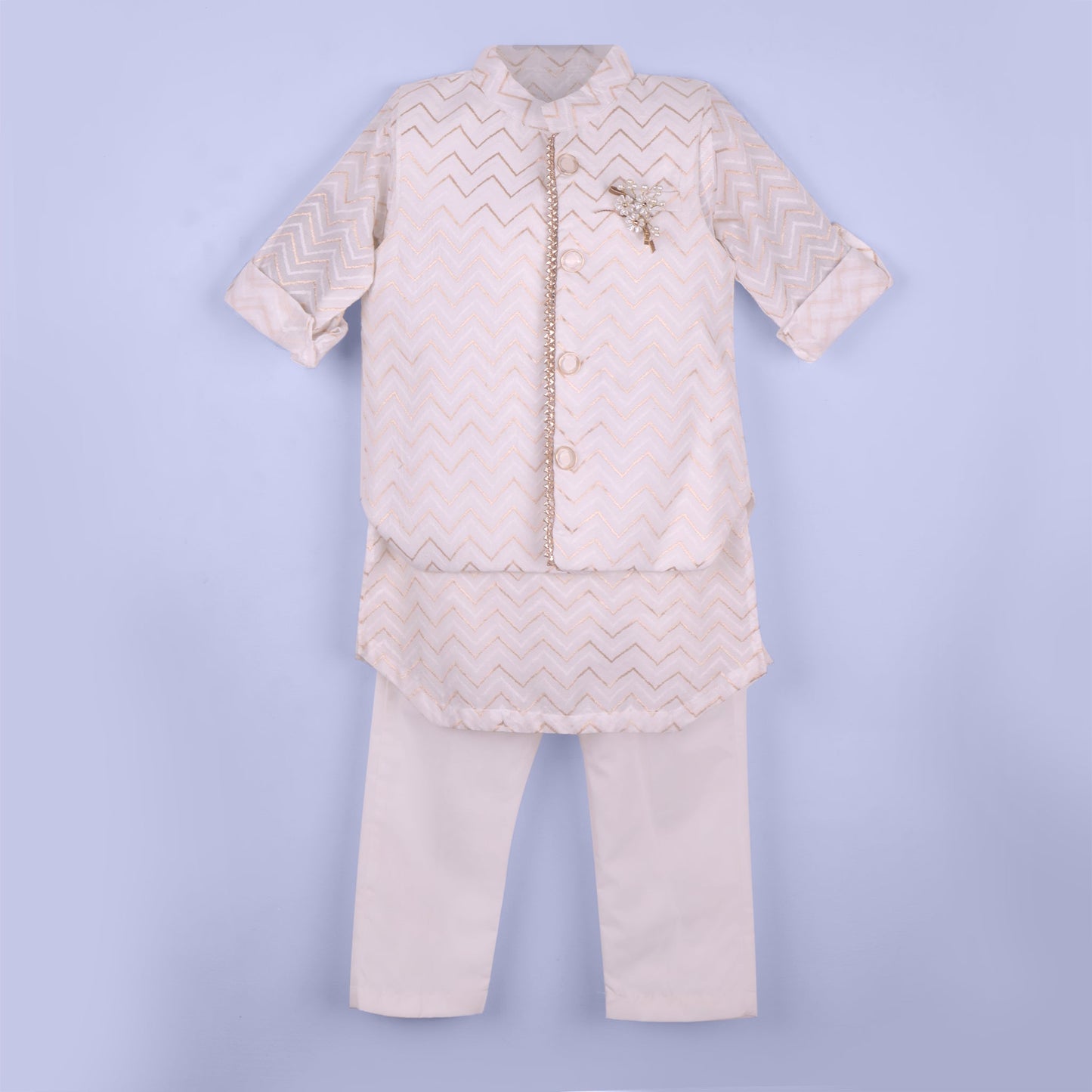 White Charm: Boys’ Kurta Pyjama & Jacket with Badges & Lace