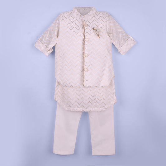 White Charm: Boys’ Kurta Pyjama & Jacket with Badges & Lace
