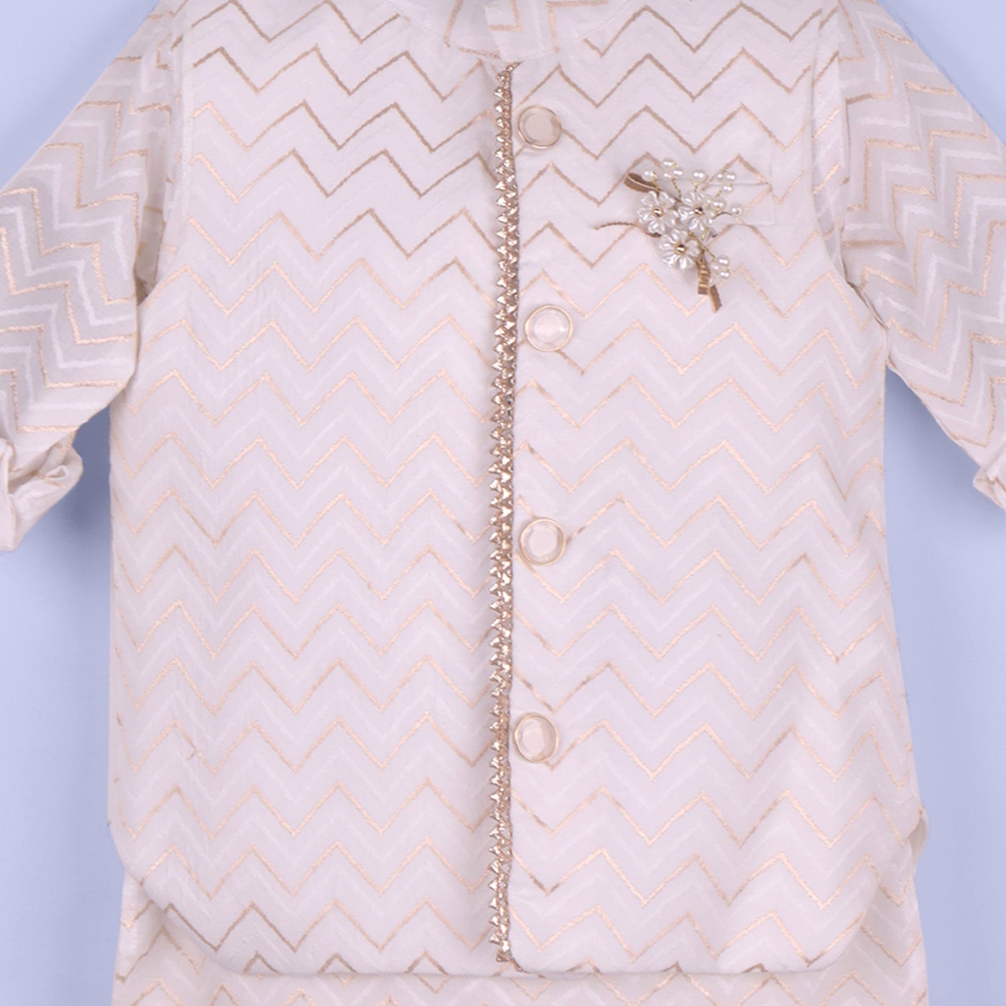 White Charm: Boys’ Kurta Pyjama & Jacket with Badges & Lace