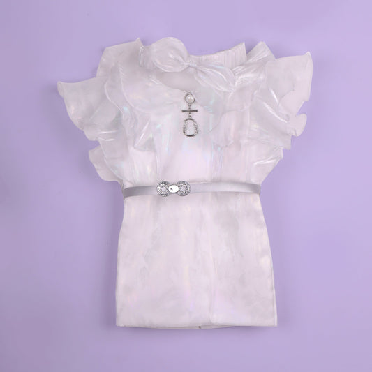 Charming White – Girls’ Organza Frock with Belt & Hairband