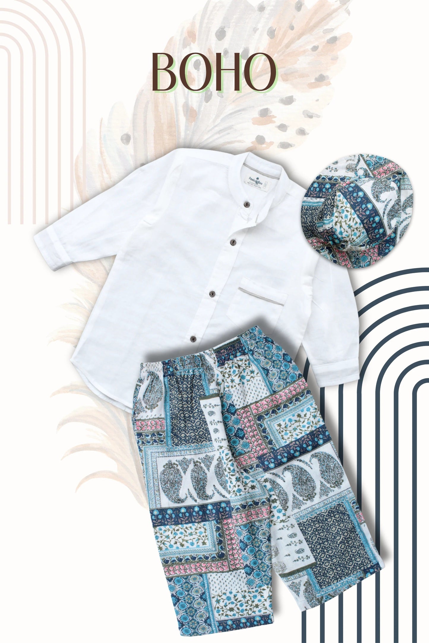 Crisp & Cool: Peekaaboo Boys’ White Shirt with Comfort Fit Pants and Hat