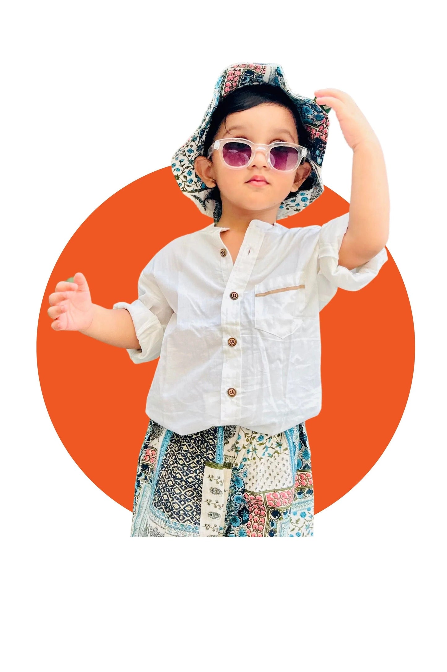 Crisp & Cool: Peekaaboo Boys’ White Shirt with Comfort Fit Pants and Hat