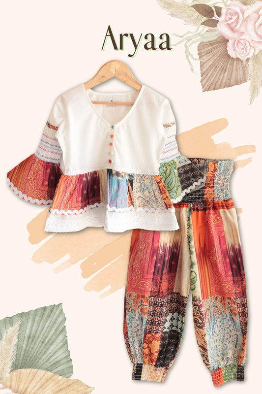 Chic in White: Peekaaboo Full Sleeve V-Neck Top & Lace Harem Pant Set for Little Party Stars