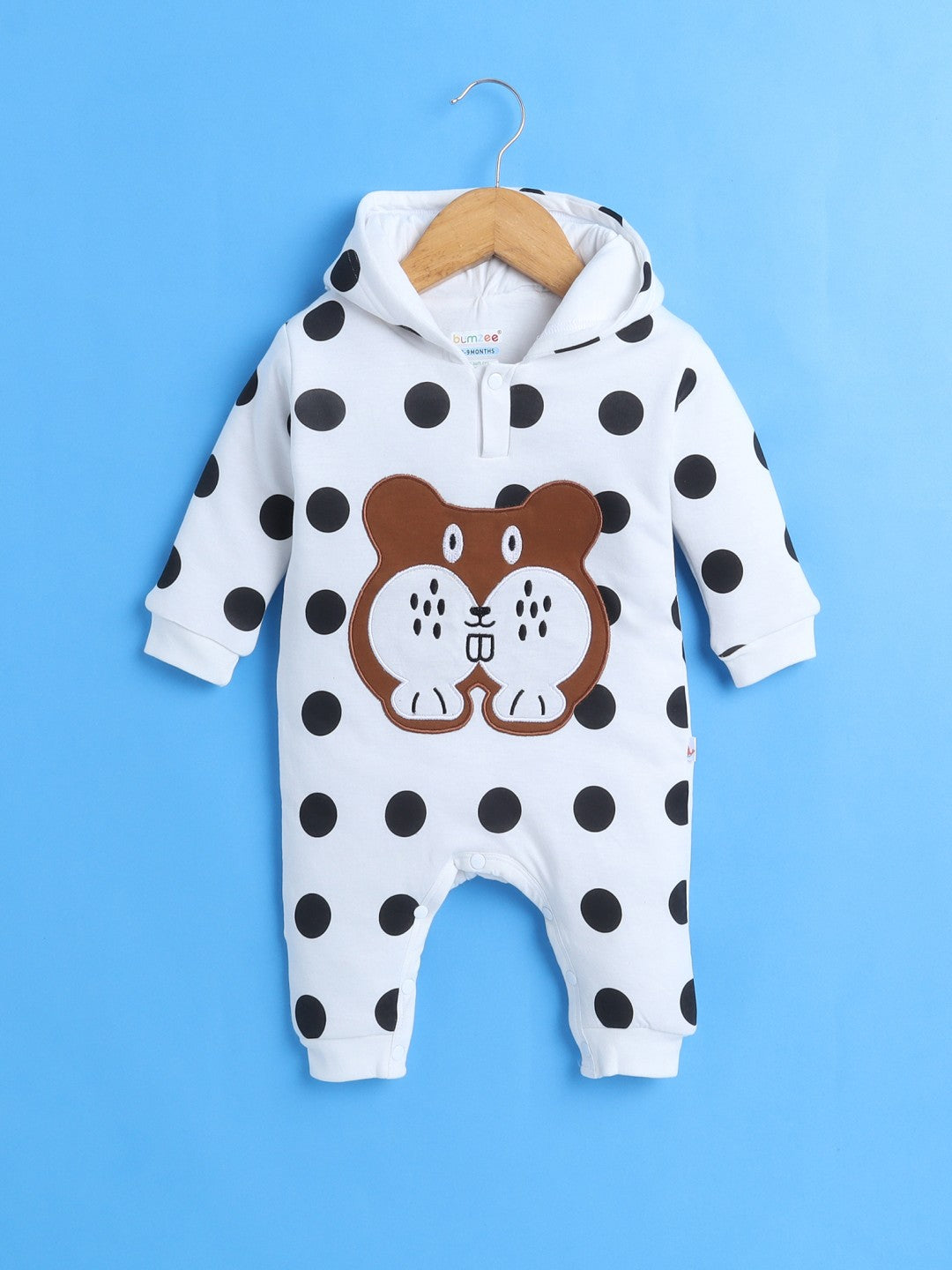 Bumzee’s cozy white romper: full sleeves, hooded, with cute snaps for easy dressing!