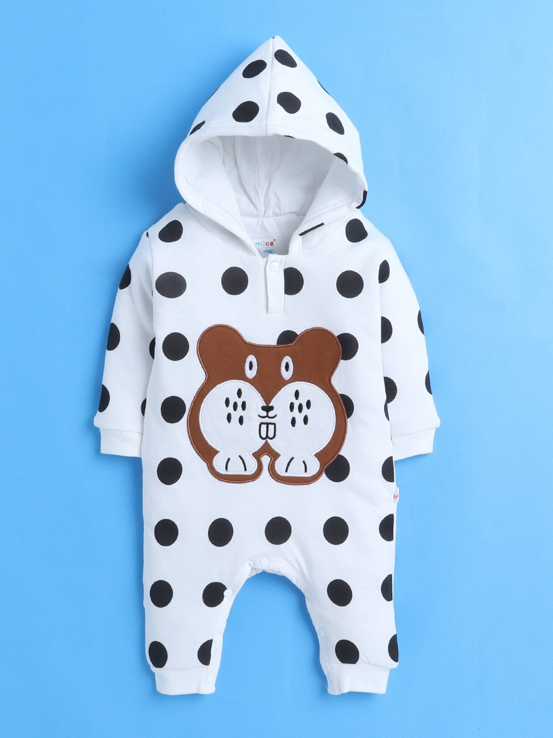 Bumzee’s cozy white romper: full sleeves, hooded, with cute snaps for easy dressing!