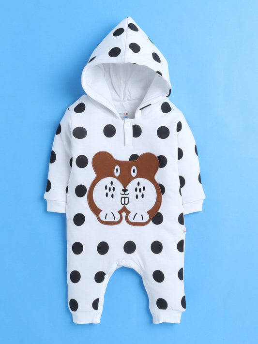 Bumzee’s cozy white romper: full sleeves, hooded, with cute snaps for easy dressing!
