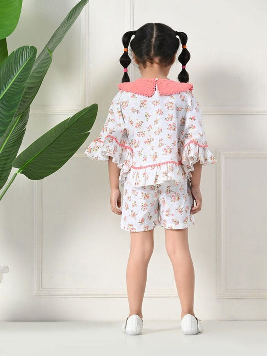 All-Season Chic: White All Over Prints Top and Back Elastic Shorts Duo