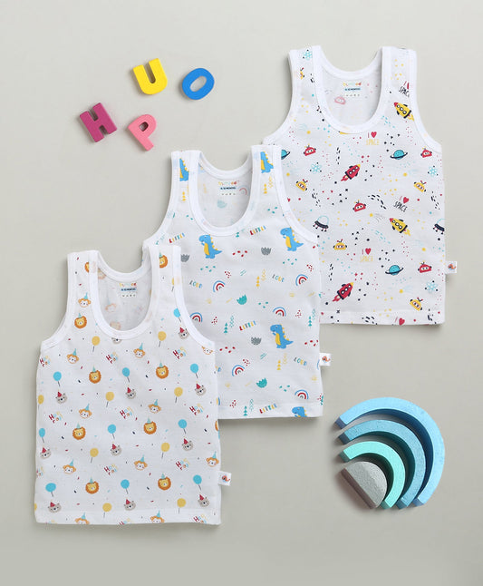 Bumzee Unisex Cotton Printed Innerwear Vests – White (Set of 3)