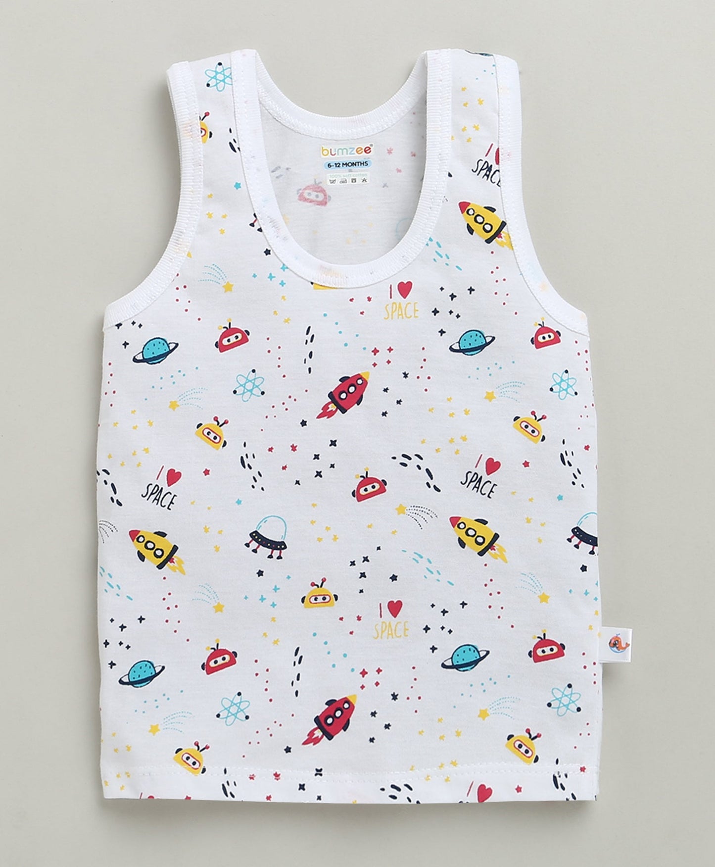 Bumzee Unisex Cotton Printed Innerwear Vests – White (Set of 3)