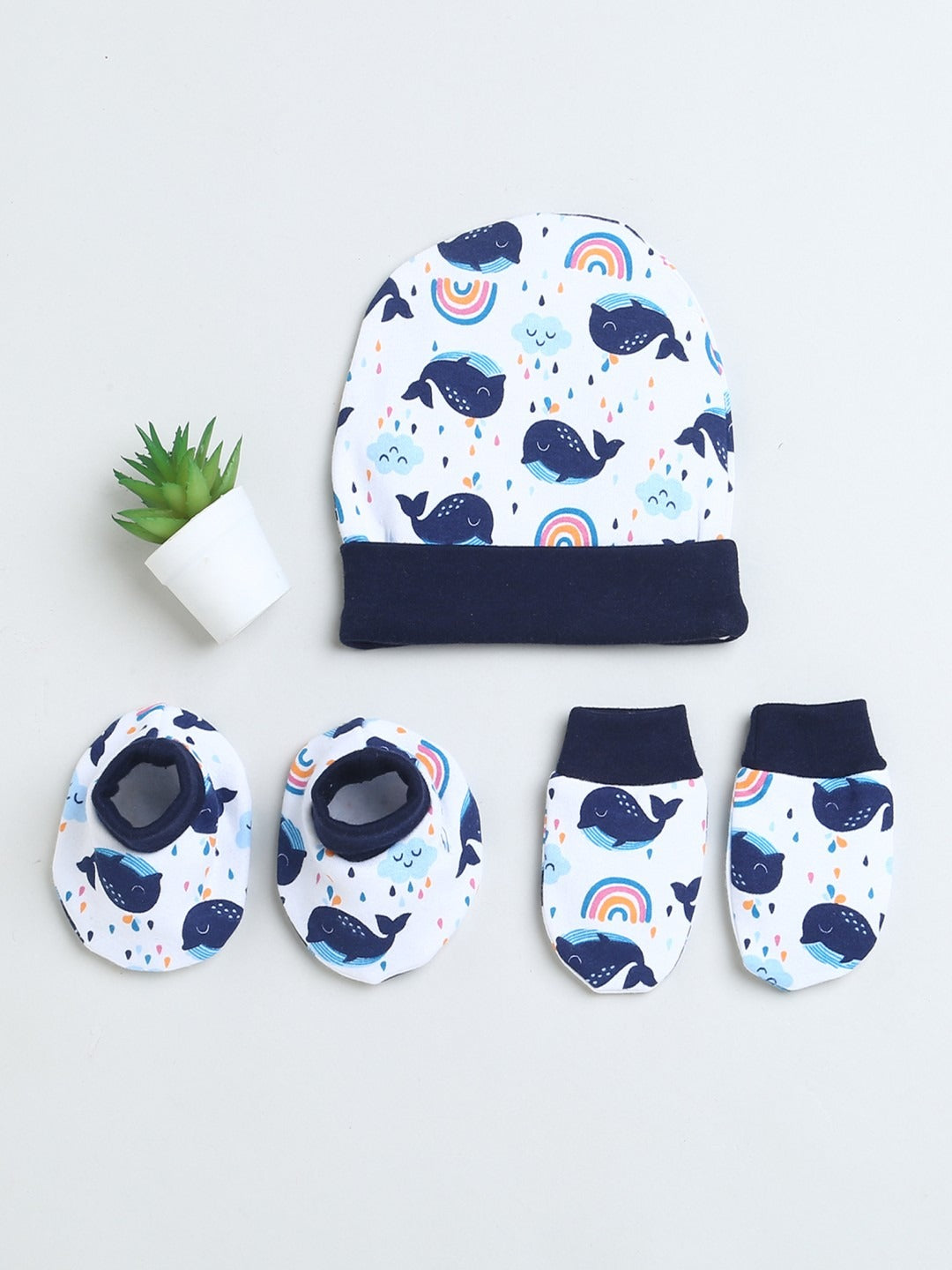 White Essential Cap, Mitten & Bootie Set