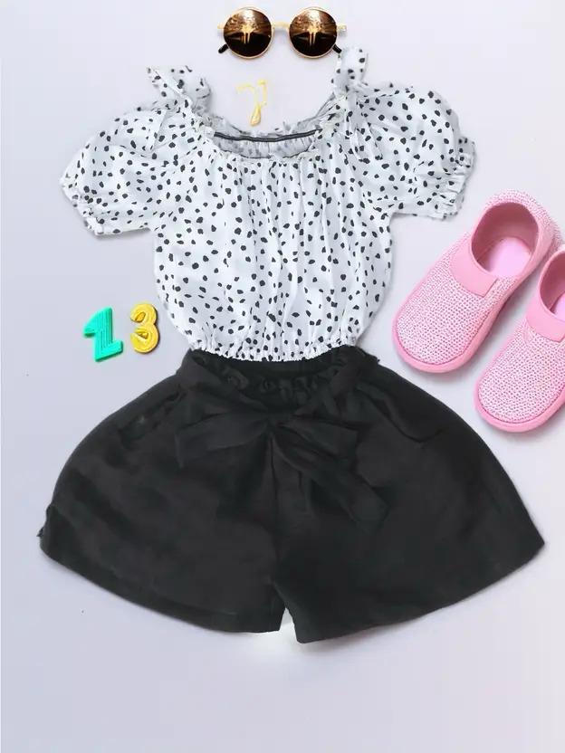 Bella Moda Girl's White Square Neck Top & Drawstring Shorts Set