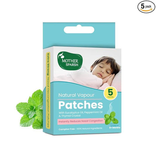Mother Sparsh Natural Vapour Patches with Eucalyptus & Peppermint Oils, Thymol Crystal, 8hr Relief - 5 Patches