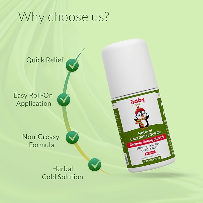 BabyOrgano Natural Cold Relief Roll-On with Organic Eucalyptus Oil – 40ml, for Cold, Cough & Congestion