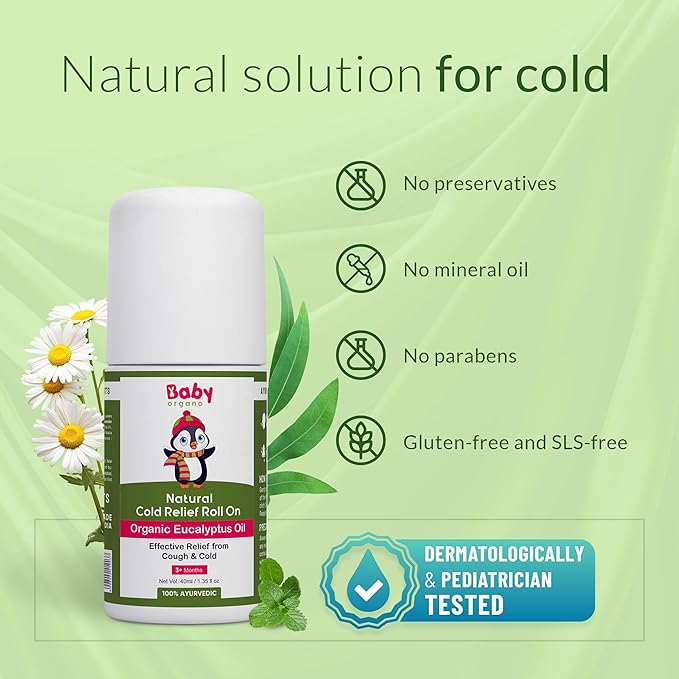 BabyOrgano Natural Cold Relief Roll-On with Organic Eucalyptus Oil – 40ml, for Cold, Cough & Congestion