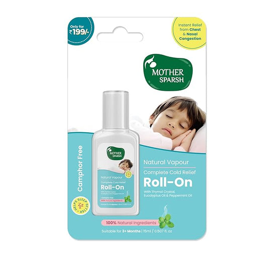 Mother Sparsh Natural Vapour Cold Relief Roll-On, Thymol Crystal, Eucalyptus & Peppermint Oil, 100% Natural, 15ml