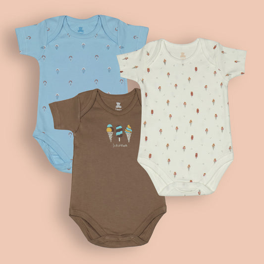 3-Piece Fun Ice-Cream Print Romper Bundle – Cream, Teal, and Brown Colors, All-Over Print, Bottom Snap Buttons
