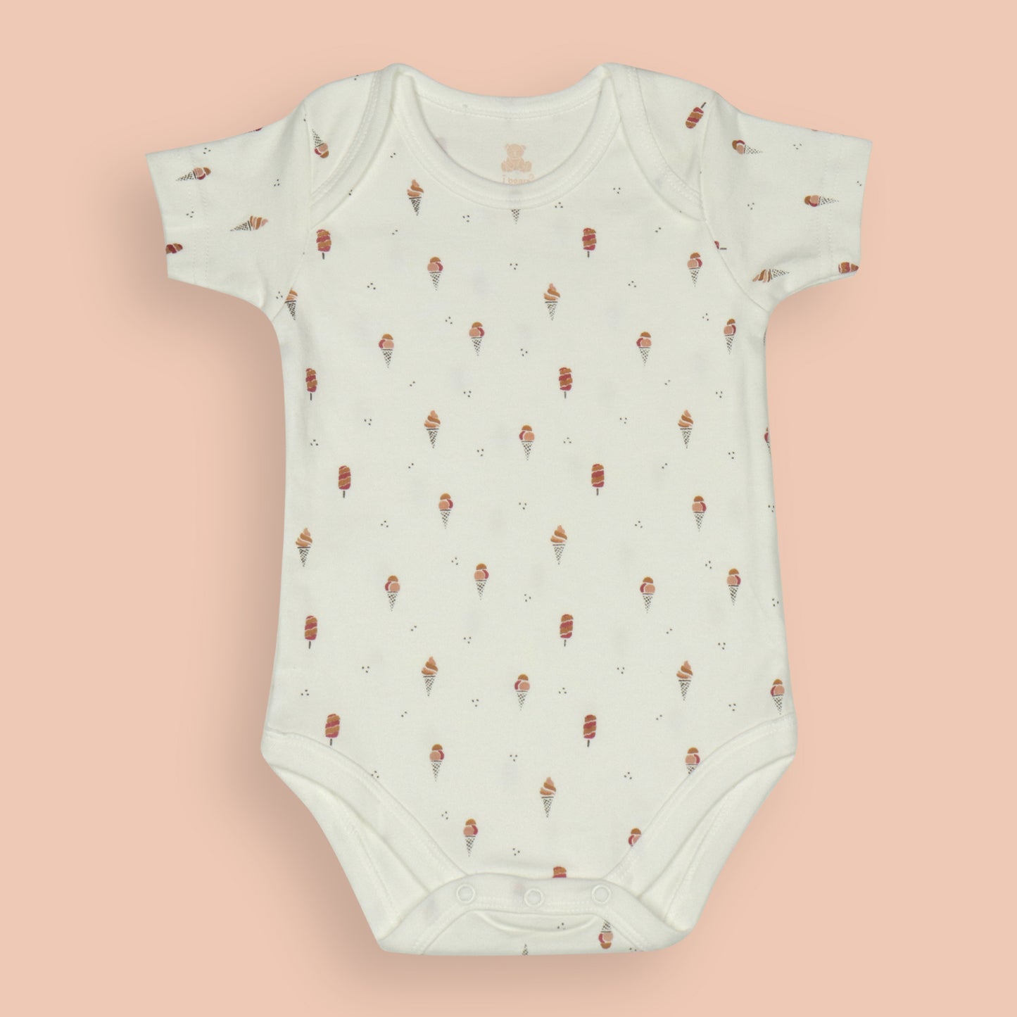 3-Piece Fun Ice-Cream Print Romper Bundle – Cream, Teal, and Brown Colors, All-Over Print, Bottom Snap Buttons