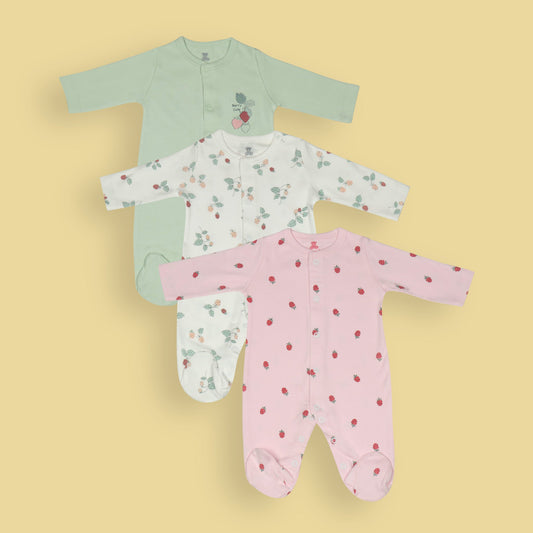 3-Piece Strawberry Print Romper Bundle – Green (Placement Print), Off White & Pink (All-Over Print) for Sweet & Cool Style