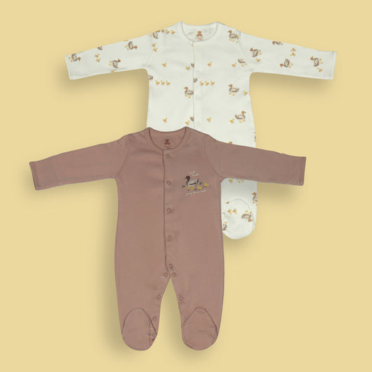 Pack of 2 Quack-tastic Cotton Bodysuits – Off White All-Over Duck Parade & Brown with Cheeky Duck Print