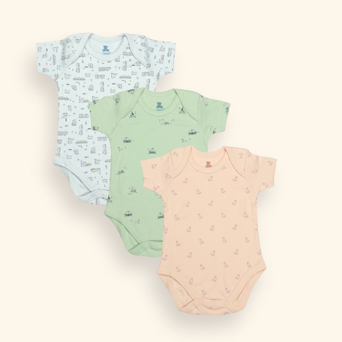 Pack of 3 Travel Tales Bodysuit Set – Sky Blue with Trains, Peach with Birds, Green with Ships, Printed for Smiles