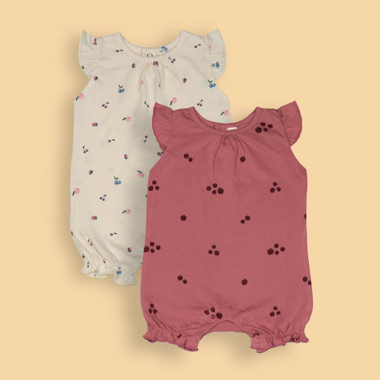 Pack of 2 Fruity Fun Rompers for Girls – Off White Fruit Print & Wine Apple All-Over Print with Frilled Sleeves