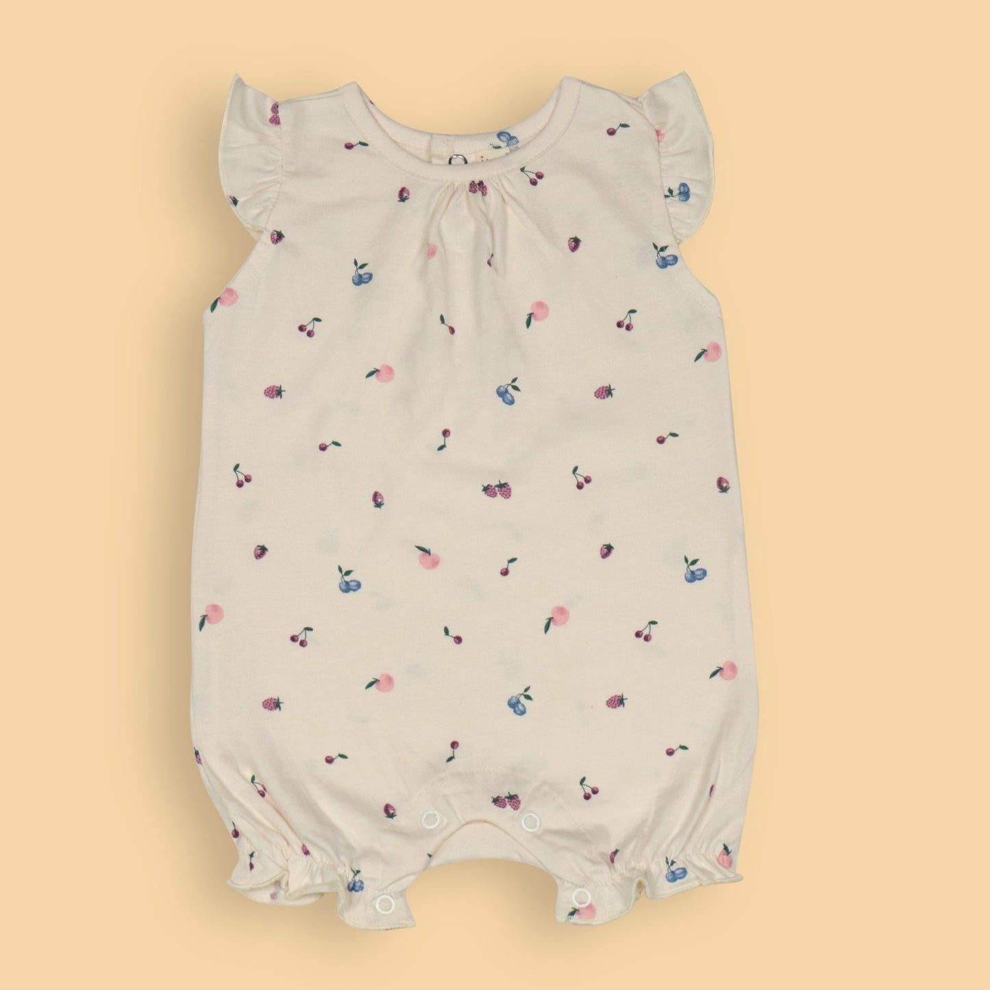 Pack of 2 Fruity Fun Rompers for Girls – Off White Fruit Print & Wine Apple All-Over Print with Frilled Sleeves