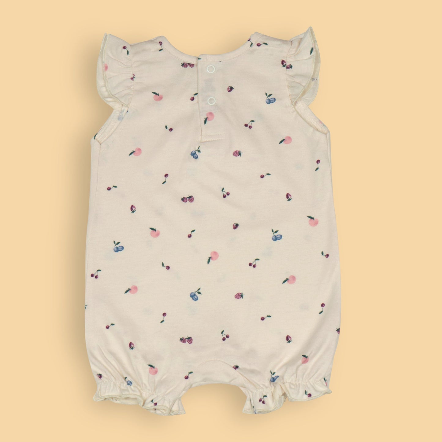 Pack of 2 Fruity Fun Rompers for Girls – Off White Fruit Print & Wine Apple All-Over Print with Frilled Sleeves