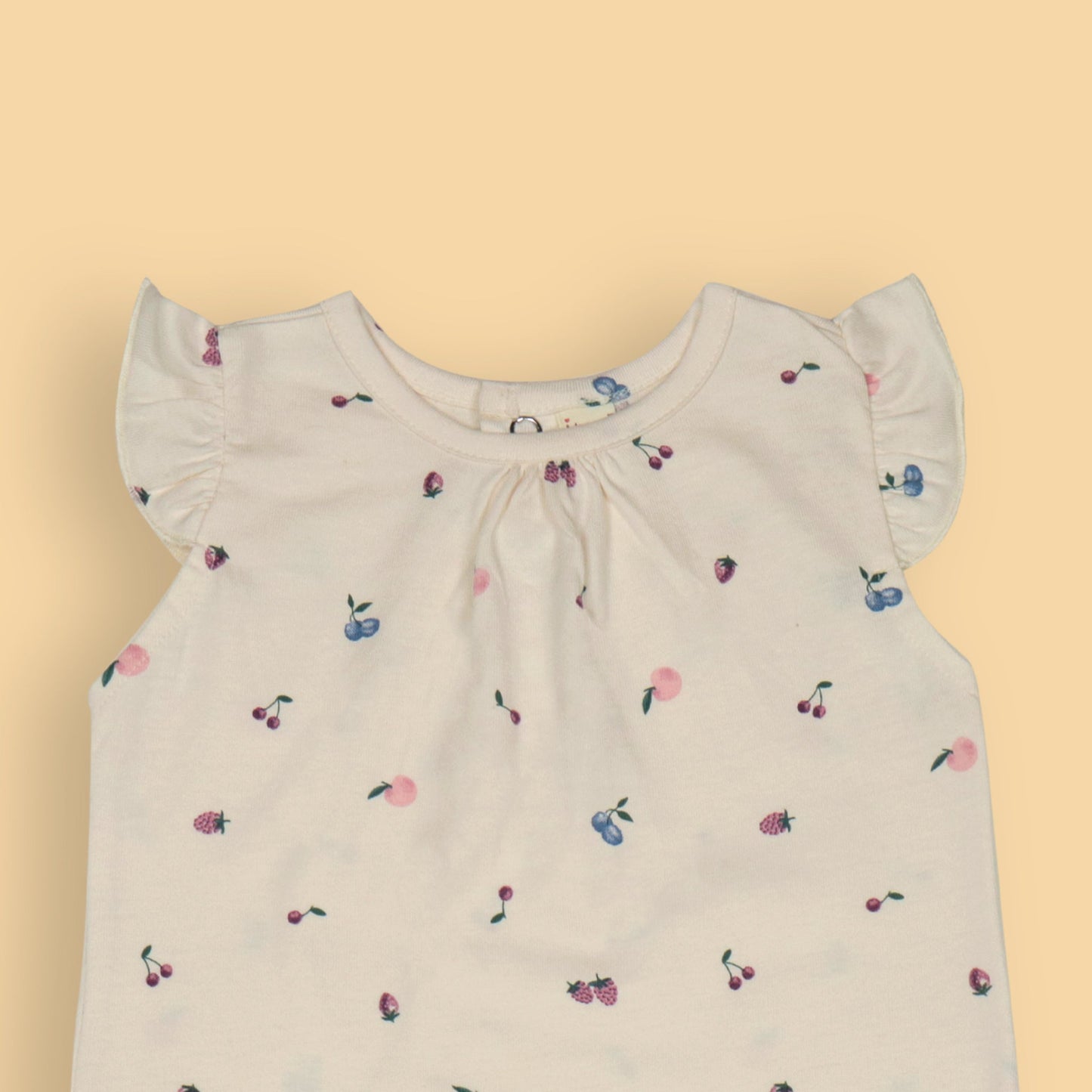 Pack of 2 Fruity Fun Rompers for Girls – Off White Fruit Print & Wine Apple All-Over Print with Frilled Sleeves