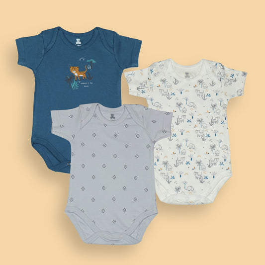 Nature Adventure Romper Trio – Blue with Leopard & Quote, Off White Safari Scene, Light Blue Abstract Print