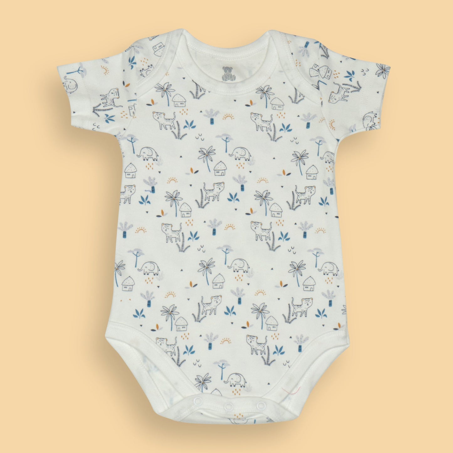 Nature Adventure Romper Trio – Blue with Leopard & Quote, Off White Safari Scene, Light Blue Abstract Print