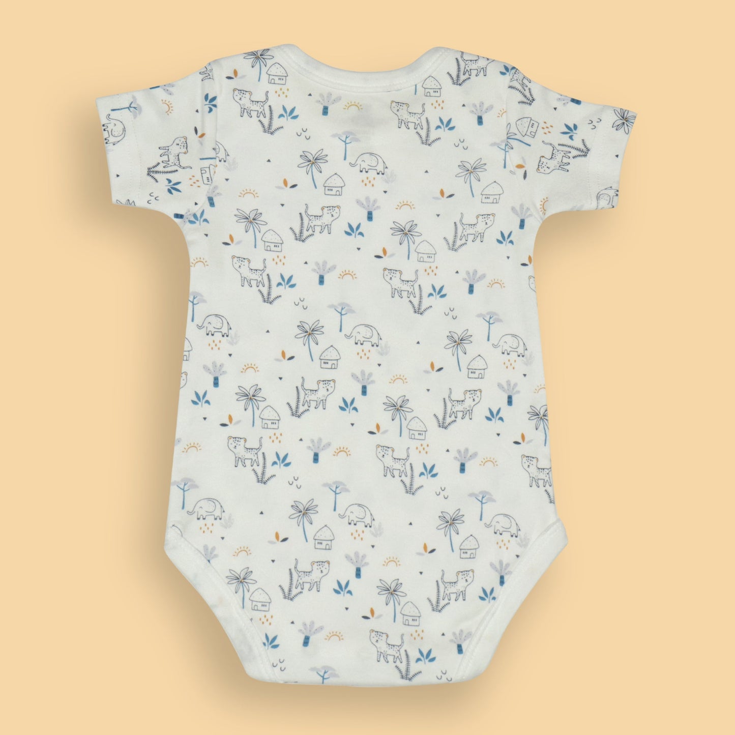 Nature Adventure Romper Trio – Blue with Leopard & Quote, Off White Safari Scene, Light Blue Abstract Print