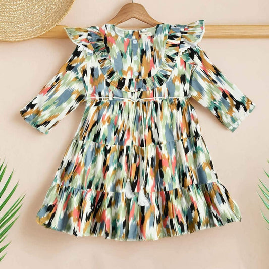 Bella Moda Girls Multicolor Printed Cotton Full Sleeve Frock