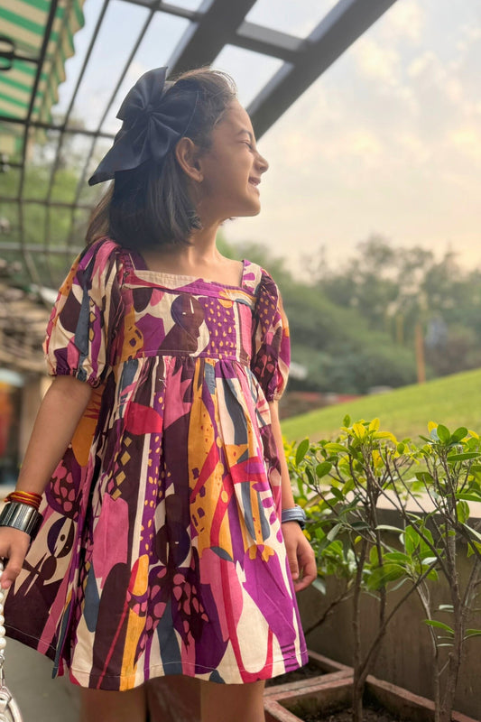 Phoebe's Purple Blossom Printed Dress for Girls – Elegant, Playful & Comfy