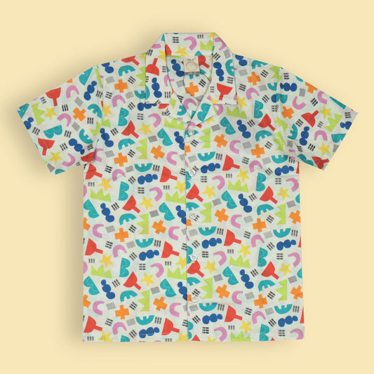 Boys’ Cozy Star Print Pyjama Set – Multi-Color Cotton Collar Shirt with Front Buttons & Full-Length Pants