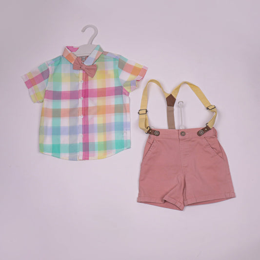 Toffyhouse Boys Multi-Color Cotton Blend Shirt & Knee-Length Shorts Set with Bow