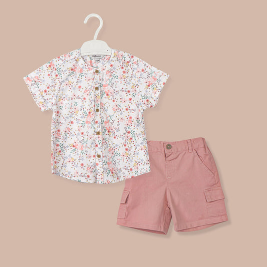 Toffyhouse Multi-Color All-Over Small Flower Print Cotton Shirt & Knee-Length Shorts Set