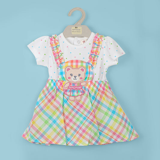 Toffyhouse Girls’ Multi-Color Checked Cotton Blend Teddy Bear Frock