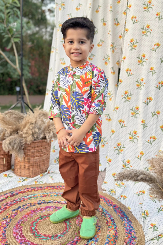 Trendy Trails: Peekaaboo Boys' Multi Color Shirt with Comfy Joggers for Fashion Fun