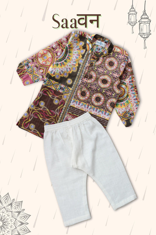 Festival Vibes Peekaboo Kurta Pyjama Set – Soft Cotton, Mandarin Collar, Full Sleeve Style for Boys