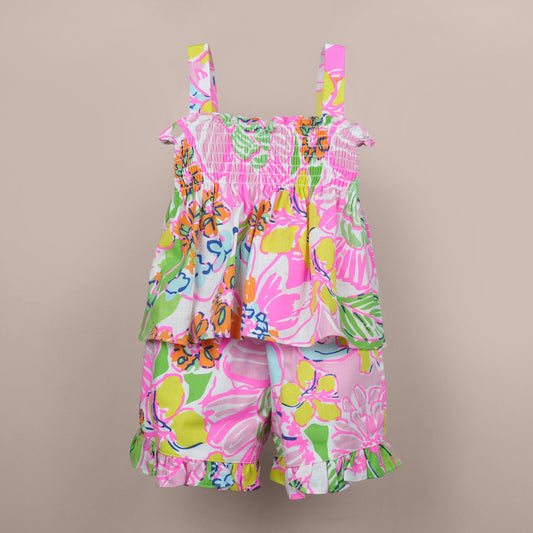 DW Girl's Multi-Color Shoulder Strap Top & Shorts Set