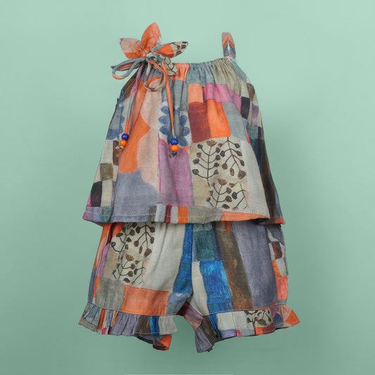 DW Girl's Multi-Color Applique Square Neck Shorts Set