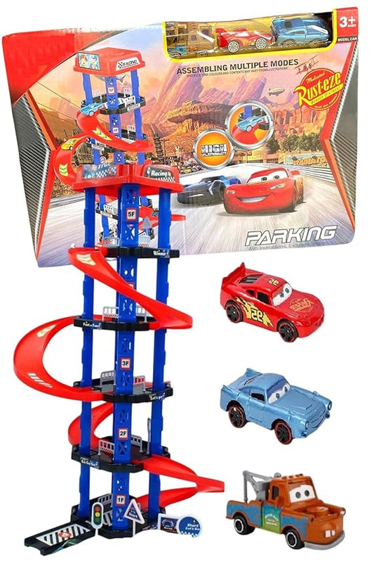 4 Floor Parking Set with Elevator Traffic Signs and Car Develops Manual Abilities for Toddlers Age 3 and up(3 mini Cars)
