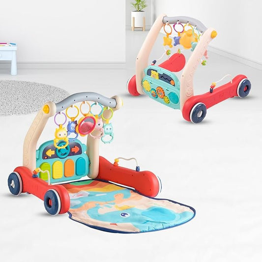 2 in 1 Musical Baby Play Gym with Convertible Walker Push Walker with Play Piano Lights Rattles & Tummy Time Mat for Babies & Toddlers (Multicolour)