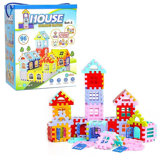 EKTA House Building Blocks with Windows Set-3 Building Blocks for Kids Block Game for Kids (Multicolor Big Size) - 96 Pieces