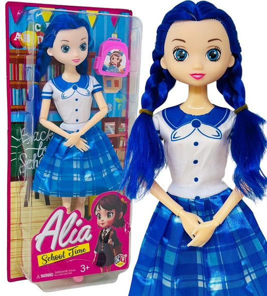 Cute Toy Doll for Girls with Movable Joints Both Leg & Hands Cute Beautiful Eyes Fashionable Blue Dress Doll with Role Play Bag Toys for Girls