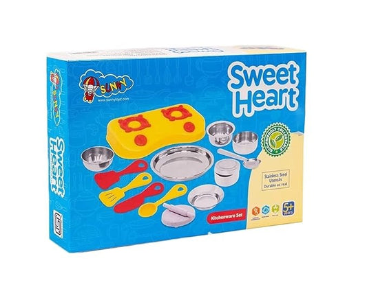 Little Fun Sweet Heart Kitchen Set – 13‑Piece Steel & Plastic Combo Cooking Playset for Kids, Multicolor (Set of 2)